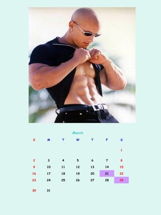 March
S    M    T     W      T    F    S


                                 1


2    3    4      5     6    7    8

9    10   11    12     13   14   15

16   17   18    19     20   21   22

23   24   25    26     27   28   29


30   31
 