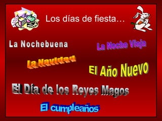 La Navidad El cumpleaños El Año Nuevo La Noche Vieja La Nochebuena El Día de los Reyes Magos Los días de fiesta… 