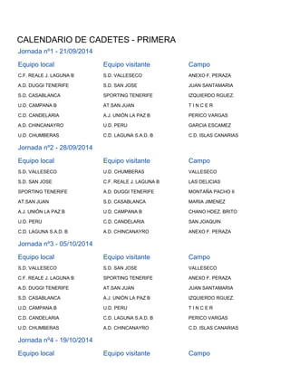 CALENDARIO DE CADETES - PRIMERA 
Jornada nº1 - 21/09/2014 
Equipo local Equipo visitante Campo 
C.F. REALE J. LAGUNA B S.D. VALLESECO ANEXO F. PERAZA 
A.D. DUGGI TENERIFE S.D. SAN JOSE JUAN SANTAMARIA 
S.D. CASABLANCA SPORTING TENERIFE IZQUIERDO RGUEZ. 
U.D. CAMPANA B AT.SAN JUAN T I N C E R 
C.D. CANDELARIA A.J. UNIÓN LA PAZ B PERICO VARGAS 
A.D. CHINCANAYRO U.D. PERU GARCIA ESCAMEZ 
U.D. CHUMBERAS C.D. LAGUNA S.A.D. B C.D. ISLAS CANARIAS 
Jornada nº2 - 28/09/2014 
Equipo local Equipo visitante Campo 
S.D. VALLESECO U.D. CHUMBERAS VALLESECO 
S.D. SAN JOSE C.F. REALE J. LAGUNA B LAS DELICIAS 
SPORTING TENERIFE A.D. DUGGI TENERIFE MONTAÑA PACHO II 
AT.SAN JUAN S.D. CASABLANCA MARIA JIMENEZ 
A.J. UNIÓN LA PAZ B U.D. CAMPANA B CHANO HDEZ. BRITO 
U.D. PERU C.D. CANDELARIA SAN JOAQUIN 
C.D. LAGUNA S.A.D. B A.D. CHINCANAYRO ANEXO F. PERAZA 
Jornada nº3 - 05/10/2014 
Equipo local Equipo visitante Campo 
S.D. VALLESECO S.D. SAN JOSE VALLESECO 
C.F. REALE J. LAGUNA B SPORTING TENERIFE ANEXO F. PERAZA 
A.D. DUGGI TENERIFE AT.SAN JUAN JUAN SANTAMARIA 
S.D. CASABLANCA A.J. UNIÓN LA PAZ B IZQUIERDO RGUEZ. 
U.D. CAMPANA B U.D. PERU T I N C E R 
C.D. CANDELARIA C.D. LAGUNA S.A.D. B PERICO VARGAS 
U.D. CHUMBERAS A.D. CHINCANAYRO C.D. ISLAS CANARIAS 
Jornada nº4 - 19/10/2014 
Equipo local Equipo visitante Campo 
 