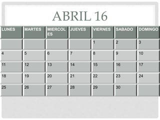 ABRIL 16
LUNES MARTES MIERCOL
ES
JUEVES VIERNES SABADO DOMINGO
1 2 3
4 5 6 7 8 9 10
11 12 13 14 15 16 17
18 19 20 21 22 23 24
25 26 27 28 29 30
 