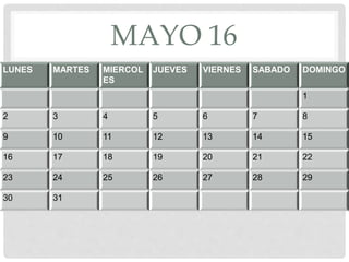 MAYO 16
LUNES MARTES MIERCOL
ES
JUEVES VIERNES SABADO DOMINGO
1
2 3 4 5 6 7 8
9 10 11 12 13 14 15
16 17 18 19 20 21 22
23 24 25 26 27 28 29
30 31
 
