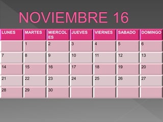 LUNES MARTES MIERCOL
ES
JUEVES VIERNES SABADO DOMINGO
1 2 3 4 5 6
7 8 9 10 11 12 13
14 15 16 17 18 19 20
21 22 23 24 25 26 27
28 29 30
 