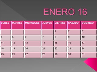 LUNES MARTES MIERCOLES JUEVES VIERNES SABADO DOMINGO
1 2 3
4 5 6 7 8 9 10
11 12 13 14 15 16 17
18 19 20 21 22 23 24
25 26 27 28 29 30 31
 