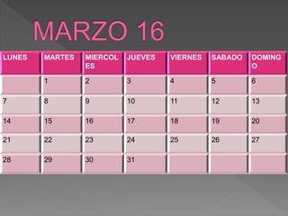 LUNES MARTES MIERCOL
ES
JUEVES VIERNES SABADO DOMING
O
1 2 3 4 5 6
7 8 9 10 11 12 13
14 15 16 17 18 19 20
21 22 23 24 25 26 27
28 29 30 31
 