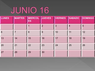 LUNES MARTES MIERCOL
ES
JUEVES VIERNES SABADO DOMINGO
1 2 3 4 5
6 7 8 9 10 11 12
13 14 15 16 17 18 19
20 21 22 23 24 25 26
27 28 29 30
 
