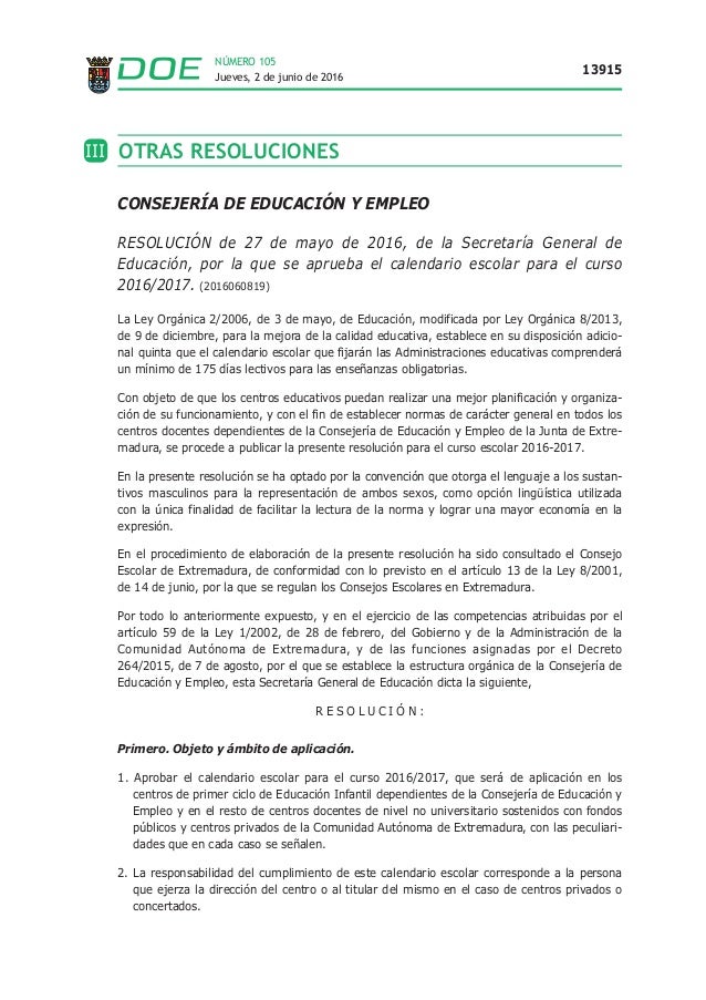Calendario Escolar Extremadura 2016 2017 Doe calendario escolar extremadura doe