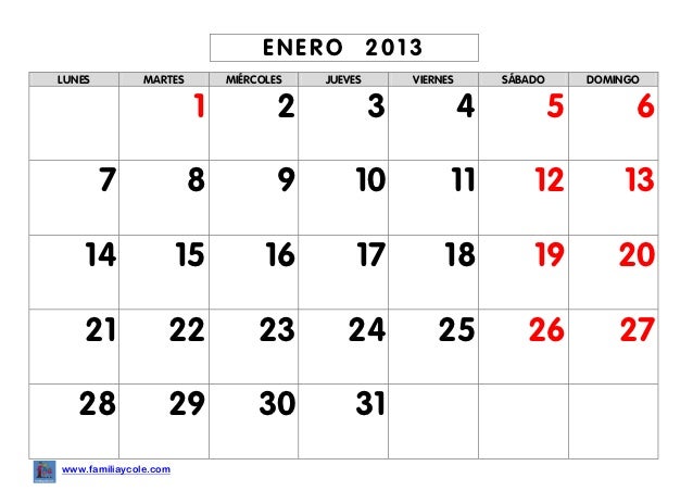 Calendario 2013 Familiaycole calendario enero 2 013