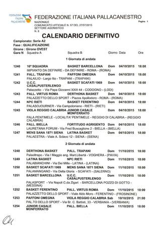 Basket. Calendario A2 Girone Ovest stagione 2015-2016