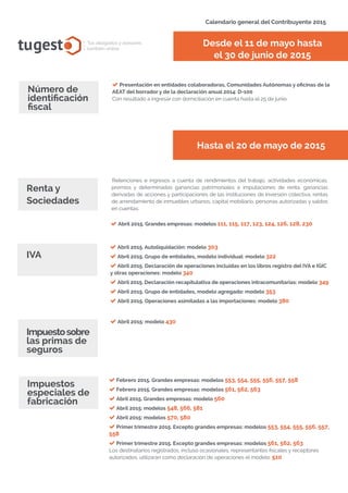 tugesto.com
tugest Tus abogados y asesores
también online
Calendario general del Contribuyente 2015
Desde el 11 de mayo hasta
el 30 de junio de 2015
Presentación en entidades colaboradoras, Comunidades Autónomas y oficinas de la
AEAT del borrador y de la declaración anual 2014: D-100
Con resultado a ingresar con domiciliación en cuenta hasta el 25 de junio.
Número de
identificación
fiscal
Hasta el 20 de mayo de 2015
Retenciones e ingresos a cuenta de rendimientos del trabajo, actividades económicas,
premios y determinadas ganancias patrimoniales e imputaciones de renta, ganancias
derivadas de acciones y participaciones de las instituciones de inversión colectiva, rentas
de arrendamiento de inmuebles urbanos, capital mobiliario, personas autorizadas y saldos
en cuentas.
Renta y
Sociedades
IVA
Abril 2015. Grandes empresas: modelos 111, 115, 117, 123, 124, 126, 128, 230
Abril 2015. Autoliquidación: modelo 303
Abril 2015. Grupo de entidades, modelo individual: modelo 322
Abril 2015. Declaración de operaciones incluidas en los libros registro del IVA e IGIC
y otras operaciones: modelo 340
Abril 2015. Declaración recapitulativa de operaciones intracomunitarias: modelo 349
Abril 2015. Grupo de entidades, modelo agregado: modelo 353
Abril 2015. Operaciones asimiladas a las importaciones: modelo 380
Abril 2015: modelo 430
Impuestosobre
las primas de
seguros
Febrero 2015. Grandes empresas: modelos 553, 554, 555, 556, 557, 558
Febrero 2015. Grandes empresas: modelos 561, 562, 563
Abril 2015. Grandes empresas: modelo 560
Abril 2015: modelos 548, 566, 581
Abril 2015: modelos 570, 580
Primer trimestre 2015. Excepto grandes empresas: modelos 553, 554, 555, 556, 557,
558
Primer trimestre 2015. Excepto grandes empresas: modelos 561, 562, 563
Los destinatarios registrados, incluso ocasionales, representantes fiscales y receptores
autorizados, utilizarán como declaración de operaciones el modelo: 510
Impuestos
especiales de
fabricación
tugesto.com
 