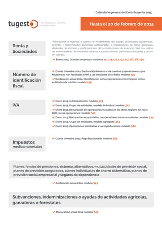 Calendario general del Contribuyente 2015
tugesto.com
Hasta el 20 de febrero de 2015tugest Tus abogados y asesores
también online
Enero 2015. Grandes empresas: modelos 111,115,117,123,124,126,128, 230
Renta y
Sociedades
Cuarto trimestre 2014. Declaración trimestral de cuentas y operaciones cuyos
titulares no han facilitado el NIF a las entidades de crédito: modelo 195
Declaración anual 2014. Identificación de las operaciones con cheques de las
entidades de crédito: modelo 199
Número de
identificación
fiscal
Enero 2015. Autoliquidación: modelo 303
Enero 2015. Grupo de entidades, modelo individual: modelo 322
Enero 2015. Declaración de operaciones incluidas en los libros registro del IVA e
IGIC y otras operaciones: modelo 340
Enero 2015. Declaración recapitulativa de operaciones intracomunitarias: modelo 349
Enero 2015. Grupo de entidades, modelo agregado: 353
Enero 2015. Operaciones asimiladas a las importaciones: modelo 380
IVA
Planes, fondos de pensiones, sistemas alternativos, mutualidades de previsión social,
planes de previsión asegurados, planes individuales de ahorro sistemático, planes de
previsión social empresarial y seguros de dependencia
Declaración anual 2014: modelo 345
Subvenciones, indeminizaciones o ayudas de actividades agrícolas,
ganaderas o forestales
Declaración anual 2014: modelo 346
Cuarto trimestre 2014. Pago fraccionado: modelo 583
Impuestos
medioambientales
Retenciones e ingresos a cuenta de rendimientos del trabajo, actividades económicas,
premios y determinadas ganancias patrimoniales e imputaciones de renta, ganancias
derivadas de acciones y participaciones de las instituciones de inversión colectiva, rentas
de arrendamiento de inmuebles urbanos, capital mobiliario, personas autorizadas y saldos
en cuentas.
 