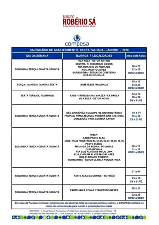 Calendário de Racionamento de Água para Serra Talhada em 2018 