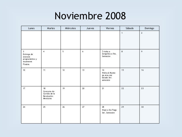 Calendario De Actividades Agosto 2008 Enero 2009 calendario noviembre 2008