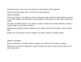 Ya despues fuimos a comer como a las 5 de la tarde y nos quedamos viendo la television.
Hasta la noche llego mi papa, ceno, y nos fuimos a mi casa a descanzar.
LUNES 30 DE MARZO
Primer dia sin escuela, y me quedare en mi casa, a descanzar un rato, este dia me levante temprano, desayune
con mi familia y despues me puse a hacer un poco de ejercicio, al final de esto, me meti a bañar y despues me
cambie.
Solo estuve escuchando musica un rato, despues le ayude a mi mama con la comida, terminamos de comer y
me puse a jugar con mi hermano en la Xbox.
Despues segui escuchando musica y platicando con mis amigas, hasta las 10:00 pm llego mi papa y cenamos
todos.
Despues solo me puse pijama, como de costumbre, me sepille los dientes y me quede dormida
MARTES 31 DE MARZO
Igual que el dia anterior, me levante temprano, desayune con mi familia y me fui a bañar y a cambiar.
Despues fui con mi mama al mercado para comprar de comer y de una vez, comprar para otros dias, para no
estar viniendo diario.
 