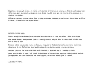 Llegamos a la casa y le ayude a mi mama con la comida, terminamos de comer y me fui a mi cuarto a jugar con
mi hermano, pero ahora seria un juego de mesa, turista mundial, es el que a la mayoria de las personas, o a
nosotros, nos gustan.
Al final me cambie y me puse pijama, llego mi papa y cenamos, despues ya nos fuimos a dormir hasta las 12 de
la noche y ya esperando que llegara la feria.
MIERCOLES 1 DE ABRIL
Bueno, la mayoria de mis vacaciones se basan en quedarme en mi casa, ir a la feria y visitar a mi abuela.
Este dia me levante, desayunamos y me fui a bañar y cambiar, despues tendi mi cama, como los otros dias,
hice un poco de tarea.
Despues estuve escuchando musica en Youtube, me gusta ver festivales/conciertos de musica electronica,
obviamente de mis Djs favoritos, pero igual investigando de algunos nuevos o nuevas canciones
Despues comimos, y le di de comer igual a mis mascotas, a veces les doy yo y a veces mi mama.
Hasta la noche llego mi papa y nos fuimos a cenar fuera, no recuerdo bien pero creo comimos tacos, despues
ya regresamos a la casa satisfechos, me puse la pijama, me lave los dientes y me fu a dormir.
JUEVES 2 DE ABRIL
 
