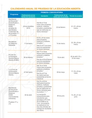 CALENDARIO ANUAL DE PRUEBAS DE LA EDUCACIÓN ABIERTA
Programas
PRIMERA CONVOCATORIA
Publicaciones de las
fechas de inscripción
Inscripción
Publicaciones de las
sedes para las pruebas
Periodo de pruebas
Bachillerato
de Educación
Diversificada a
Distancia
EDAD
(pruebas de
bachillerato)
Contenidos de
las pruebas n°1
y n°2 juntos.
28 de diciembre
2019.
Del 09 al 15 de
enero para proyectos
públicos, institutos
privados y postulantes
que se matriculan en
forma individual.*
22 de febrero.
01, 07 y 08 de
marzo.
Bachillerato
por Madurez
Suficiente
11 de enero.
El 23 y 24 de enero
para proyectos
públicos e institutos
privados.*
Del 27 al 31 de enero
para los postulantes
en forma individual.
14 de marzo.
22, 28 y 29 de
marzo.
III Ciclo de
la Educación
General Básica
Abierta (EGBA)
08 de febrero.
Del 17 al 19 de
febrero para proyectos
públicos e institutos
privados.*
Del 24 al 28 de febrero
para los postulantes
en forma individual.
18 de abril.
26 de abril, 02 y
03 de mayo.
I y II Ciclo de
la Educación
General Básica
Abierta
07 de marzo.
Del 16 al 18 de
marzo para proyectos
públicos e institutos
privados.*
Del 23 al 27 de
de marzo para los
postulantes en forma
individual.
09 de mayo.
17, 23 y 24 de
mayo.
Bachillerato
de Educación
Diversificada a
Distancia
EDAD
(convocatorias
ordinarias)
Pruebas nº1 y
nº2
04 de abril.
Del 20 al 24 de
abril para proyectos
públicos, institutos
privados y postulantes
que se matriculan en
forma individual para
la prueba n° 1. *
La inscripción
extraordinaria para
estudiantes que
aprueban el III Ciclo
de la EGBA en la
1era convocatoria,
se realizará en los
dos días oficiales de
entrega de resultados
del mismo.
06 de junio.
14, 20 y 21 de
junio.
 