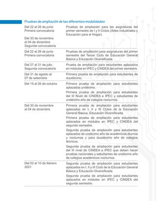 Pruebas de ampliación de las diferentes modalidades
Del 22 al 26 de junio
Primera convocatoria
Del 30 de noviembre
al 04 de diciembre
Segunda convocatoria
Del 22 al 26 de junio
Primera convocatoria
Del 27 al 31 de julio
Segunda convocatoria
Del 31 de agosto al
07 de setiembre
Del 19 al 26 de octubre
Del 30 de noviembre
al 04 de diciembre
Del 02 al 10 de febrero
2021
Pruebas de ampliación para las asignaturas del
primer semestre de I y II Ciclos (Artes Industriales y
Educación para el Hogar).
Pruebas de ampliación para asignaturas del primer
semestre del Tercer Ciclo de Educación General
Básica y Educación Diversificada.
Prueba de ampliación para estudiantes aplazados
en módulos en IPEC y CINDEA del primer semestre.
Primera prueba de ampliación para estudiantes de
duodécimo.
Primera prueba de ampliación para estudiantes
aplazados undécimo.
Primera prueba de ampliación para estudiantes
del III Nivel de CINDEA e IPEC y estudiantes de
undécimo año de colegios nocturnos.
Primera prueba de ampliación para estudiantes
aplazados en I, II y III Ciclos de la Educación
General Básica, Educación Diversificada.
Primera prueba de ampliación para estudiantes
aplazados en módulos en IPEC y CINDEA del
segundo semestre.
Segunda prueba de ampliación para estudiantes
aplazados de undécimo año de académicos diurnos
y nocturnos y para duodécimo año de colegios
técnicos.
Segunda prueba de ampliación para estudiantes
del III nivel de CINDEA e IPEC que deben hacer
pruebas nacionales y estudiantes de undécimo año
de colegios académicos nocturnos.
Segunda prueba de ampliación para estudiantes
aplazados en I, II y III Ciclo de la Educación General
Básica y Educación Diversificada.
Segunda prueba de ampliación para estudiantes
aplazados en módulos en IPEC y CINDEA del
segundo semestre.
 