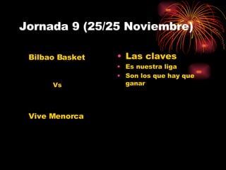 Jornada 9 (25/25 Noviembre) Las claves Es nuestra liga Son los que hay que ganar Vive Menorca Bilbao Basket Vs 
