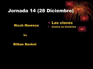 Jornada 14 (28 Diciembre) Las claves Contra un histórico Ricoh Manresa Bilbao Basket Vs 