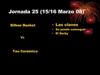 Jornada 25 (15/16 Marzo 08) Las claves Se puede conseguir El Derby Tau Cerámica  Bilbao Basket Vs 