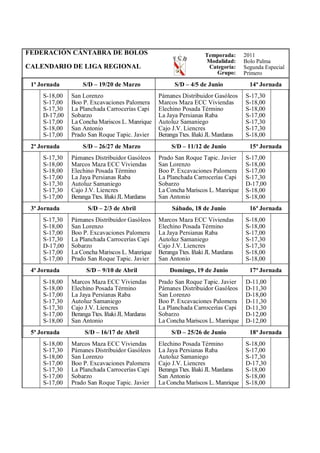 FEDERACIÓN CÁNTABRA DE BOLOS                                        Temporada:     2011
                                                                    Modalidad:     Bolo Palma
CALENDARIO DE LIGA REGIONAL                                          Categoría:    Segunda Especial
                                                                       Grupo:      Primero
 1ª Jornada        S/D – 19/20 de Marzo                S/D – 4/5 de Junio            14ª Jornada
     S-18,00   San Lorenzo                       Pámanes Distribuidor Gasóleos     S-17,30
     S-17,00   Boo P. Excavaciones Palomera      Marcos Maza ECC Viviendas         S-18,00
     S-17,30   La Planchada Carrocerías Capi     Elechino Posada Término           S-18,00
     D-17,00   Sobarzo                           La Jaya Persianas Raba            S-17,00
     S-17,00   La Concha Mariscos L. Manrique    Autoluz Samaniego                 S-17,30
     S-18,00   San Antonio                       Cajo J.V. Liencres                S-17,30
     S-17,00   Prado San Roque Tapic. Javier     Beranga Ttes. Iñaki JL Mardaras   S-18,00
 2ª Jornada        S/D – 26/27 de Marzo               S/D – 11/12 de Junio           15ª Jornada
     S-17,30   Pámanes Distribuidor Gasóleos     Prado San Roque Tapic. Javier     S-17,00
     S-18,00   Marcos Maza ECC Viviendas         San Lorenzo                       S-18,00
     S-18,00   Elechino Posada Término           Boo P. Excavaciones Palomera      S-17,00
     S-17,00   La Jaya Persianas Raba            La Planchada Carrocerías Capi     S-17,30
     S-17,30   Autoluz Samaniego                 Sobarzo                           D-17,00
     S-17,30   Cajo J.V. Liencres                La Concha Mariscos L. Manrique    S-18,00
     S-17,00   Beranga Ttes. Iñaki JL Mardaras   San Antonio                       S-18,00
 3ª Jornada          S/D – 2/3 de Abril               Sábado, 18 de Junio            16ª Jornada
     S-17,30   Pámanes Distribuidor Gasóleos     Marcos Maza ECC Viviendas         S-18,00
     S-18,00   San Lorenzo                       Elechino Posada Término           S-18,00
     S-17,00   Boo P. Excavaciones Palomera      La Jaya Persianas Raba            S-17,00
     S-17,30   La Planchada Carrocerías Capi     Autoluz Samaniego                 S-17,30
     D-17,00   Sobarzo                           Cajo J.V. Liencres                S-17,30
     S-17,00   La Concha Mariscos L. Manrique    Beranga Ttes. Iñaki JL Mardaras   S-18,00
     S-17,00   Prado San Roque Tapic. Javier     San Antonio                       S-18,00
 4ª Jornada          S/D – 9/10 de Abril             Domingo, 19 de Junio            17ª Jornada
     S-18,00   Marcos Maza ECC Viviendas         Prado San Roque Tapic. Javier     D-11,00
     S-18,00   Elechino Posada Término           Pámanes Distribuidor Gasóleos     D-11,30
     S-17,00   La Jaya Persianas Raba            San Lorenzo                       D-18,00
     S-17,30   Autoluz Samaniego                 Boo P. Excavaciones Palomera      D-11,30
     S-17,30   Cajo J.V. Liencres                La Planchada Carrocerías Capi     D-11,30
     S-17,00   Beranga Ttes. Iñaki JL Mardaras   Sobarzo                           D-12,00
     S-18,00   San Antonio                       La Concha Mariscos L. Manrique    D-12,00
 5ª Jornada         S/D – 16/17 de Abril              S/D – 25/26 de Junio           18ª Jornada
     S-18,00   Marcos Maza ECC Viviendas         Elechino Posada Término           S-18,00
     S-17,30   Pámanes Distribuidor Gasóleos     La Jaya Persianas Raba            S-17,00
     S-18,00   San Lorenzo                       Autoluz Samaniego                 S-17,30
     S-17,00   Boo P. Excavaciones Palomera      Cajo J.V. Liencres                D-17,30
     S-17,30   La Planchada Carrocerías Capi     Beranga Ttes. Iñaki JL Mardaras   S-18,00
     S-17,00   Sobarzo                           San Antonio                       S-18,00
     S-17,00   Prado San Roque Tapic. Javier     La Concha Mariscos L. Manrique    S-18,00
 