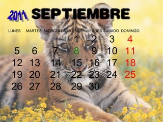 SEPTIEMBRE
LUNES MARTES MIERCOLES JUEVES VIERNES SABADO DOMINGO
1 2 3 4
5 6 7 8 9 10 11
12 13 14 15 16 17 18
19 20 21 22 23 24 25
26 27 28 29 30
 