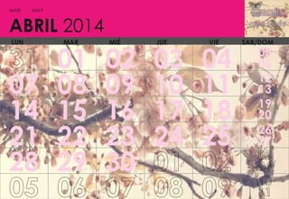MAR

MAY

ABRIL 2014
LUN

07
14
21
28

MAR

01
08
15
22
29

MIÉ

02
09
16
23
30

JUE

03
10
17
24

VIE

04
11
18
25

SAB/DOM

05
06
12
13
19
20
26
27

 