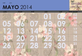ABR

JUN

MAYO 2014
LUN

05
12
19
26

MAR

06
13
20
27

MIÉ

07
14
21
28

JUE

01
08
15
22
29

VIE

02
09
16
23
30

SAB/DOM

03
04
10
11
17
18
24
25
31

 