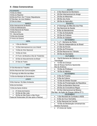 8 – Datas Comemorativas 
FEVEREIRO 
10-Dia do Atleta 
16-Dia do Repórter 
24-Dia da Prom. Da 1ª Const. Republicana 
27-Dia Nac. do Livro Didático 
27-Dia do Idoso 
MARÇO 
8-Dia Internacional da Mulher 
12-Dia do Bibliotecário 
14-Dia Nacional da Poesia 
15-Dia do Circo 
15 – Dia da Escola 
15-Dia dos Animais 
21-Inicio do Outono 
ABRIL 
· 1-Dia da Mentira 
· 12-Dia Internacional do Livro Infantil 
· 13-Dia do Hino Nacional 
· 19-Dia do Índio 
· 21-Fund. de Brasília e Dia de Tiradentes 
· 22-Dia do Descobrimento do Brasil 
· 27-Dia do Teatro 
MAIO 
01-Dia Mundial do Trabalho 
05-Dia Nacional das Comunicações 
2º Domingo do Mês-Dia das Mães 
13-Dia da Abolição da Escravatura 
JUNHO 
5-Dia Internac. Do Meio Ambiente 
9-Dia de Anchieta 
13-Dia de Santo Antônio 
· 21-Início do Inverno 
· 24-Dia de São João 
· 29-Dia de São Pedro e São Paulo 
Festa de Pentecostes (50 dias após a Páscoa) 
JULHO 
· 2-Dia Nacional do Bombeiro 
· 20-Dia Internacional do Amigo 
· 25-Dia do Motorista 
· 26-Dia dos Avós 
· 28-Dia do Agricultor 
AGOSTO 
· 2º Domingo do Mês-Dia dos Pais 
· Dia Nacional da Saúde 
· 8-Dia do Bandeirante 
· 11-Dia do Estudante 
· 22-Dia do Folclore 
· 25-Dia do Soldado 
SETEMBRO 
· 1 a 7 - Semana da Pátria 
· 7- Dia da Independência do Brasil 
· 21-Dia da Árvore 
· 22-Dia da Primavera 
· 25-Dia Nacional do Trânsito 
· 30-Dia da Secretária 
OUTUBRO 
· 10a16-Semana da Ciência e da 
Tecnologia 
· 12-Dia da Criança 
Dia de Nossa Senhora Aparecida 
Dia da América 
· 15-Dia do Professor 
· 18-Dia do Médico 
NOVEMBRO 
· 2-Dia de Finados 
· 5-Dia da Cultura 
· 12-Dia do Diretor Escolar 
· 15-Dia da Proclamação da República 
· 19-Dia da Bandeira Nacional 
· 20-Dia da Consciência Negra 
· 22-Dia Internacional da Música 
Dia Nac. de Ação de Graças (última 5º f.) 
DEZEMBRO 
· 1-Dia Mundial de Combate à AIDS 
· 5-Dia da Cruz Vermelha 
· 8-Dia Nacional da Família 
· 10-Dia da Declaração Universal dos 
Direitos Humanos 
· 21-Início do Verão 
