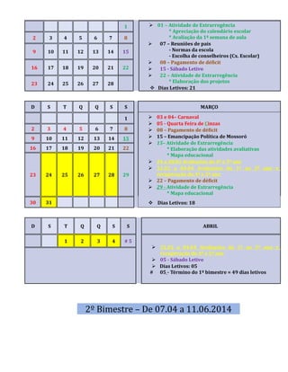 1  01 – Atividade de Extrarregência 
* Apreciação do calendário escolar 
* Avaliação da 1ª semana de aula 
 07 – Reuniões de pais 
- Normas da escola 
- Escolha de conselheiros (Cx. Escolar) 
 08 – Pagamento de déficit 
 15 - Sábado Letivo 
 22 – Atividade de Extrarregência 
* Elaboração dos projetos 
 Dias Letivos: 21 
2 3 4 5 6 7 8 
9 10 11 12 13 14 15 
16 17 18 19 20 21 22 
23 24 25 26 27 28 
D S T Q Q S S MARÇO 
1  03 e 04– Carnaval 
 05 - Quarta Feira de Cinzas 
 08 – Pagamento de déficit 
 15 – Emancipação Política de Mossoró 
 15– Atividade de Extrarregência 
* Elaboração das atividades avaliativas 
* Mapa educacional 
 24 a 28.03 Avaliações do 4º e 5º ano 
 31.03 a 04.04 Avaliações do 1º ao 3º ano e 
recuperação do 4º e 5º ano 
 22 – Pagamento de déficit 
 29 - Atividade de Extrarregência 
* Mapa educacional 
2 3 4 5 6 7 8 
9 10 11 12 13 14 15 
16 17 18 19 20 21 22 
23 24 25 26 27 28 29 
30 31  Dias Letivos: 18 
D S T Q Q S S ABRIL 
1 2 3 4 # 5 
 31.03 a 04.04 Avaliações do 1º ao 3º ano e 
recuperação do 4º e 5º ano 
 05 - Sábado Letivo 
 Dias Letivos: 05 
# 05 - Término do 1º bimestre = 49 dias letivos 
2º Bimestre – De 07.04 a 11.06.2014 
 