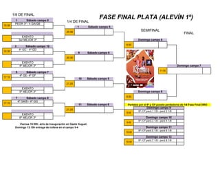 1/8 DE FINAL
1 Sábado campo 9 1/4 DE FINAL
15:30
PEOR 3º - 4 GA/GB
20:30
3er MEJOR 3º
9:50
EXENTO
3 Sábado campo 10
15:30
4º GC - 4º GD
20:30
EXENTO
4º MEJOR 3º
11:30
10 Sábado campo 5
5 Sábado campo 7
17:10
4º GE- 4º GF
5º MEJOR 3º
21:20
7 Sábado campo 8
Domingo campo 8
9:50
EXENTO
21:20
Domingo campo 9
11 Sábado campo 6 Partidos por el 9º y 13º puesto perdedores de 1/8 Fase Final ORO
17:10
4º GA/B - 4º GG
6º MEJOR 3º
EXENTO
Viernes 16:00h. acto de Inauguración en Gaetà Huguet.
Domingo 13:15h entrega de trofeos en el campo 3-4
9º-13º perd.7 1/8 - perd 8 1/8
10:40
Domingo campo 12
FASE FINAL PLATA (ALEVÍN 1º)
9º-13º perd.3 1/8 - perd 4 1/8
9:00
Domingo campo 10
9º-13º perd.5 1/8 - perd 6 1/8
10:40
Domingo campo 11
9:00
9º-13º perd.1 1/8 - perd 2 1/8
Domingo campo 7
9 Sábado campo 6
Domingo campo 8
1 Sábado campo 5
SEMIFINAL
FINAL
 