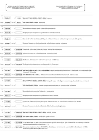 CALENDARIO DE GESTIÓN durante EL CURSO 2018/19
ACCESO A LA UNIVERSIDAD CURSO 2019/20
(Aprobado por Resolución del Rectorado)
2019/20 IKASTURTEAN UNIBERTSITATEAN SARTZEKO
BURUTU BEHAR DIREN TRAMITEEN EGUTEGIA (2018/19)
(Errektoregoaren Erabakiaren bidez onartua)
5/6/2019De: 7/6/2019 EAU-CONVOCATORIA ORDINARIA: Examenes
23
a:
USE-OHIKO DEIALDIA: Azterketak2019/6/72019/6/5Noiztik: noiz arte:
7/6/2019De: Resultados provisionales prueba Traducción e Interpretación
24
a:
Itzulpengintza eta Interpretazioko probaren behin-behineko emaitzak2019/6/7Noiztik: noiz arte:
7/6/2019De: Ciencias de la Actividad Física y del Deporte: publicación listas con calificaciones provisionales de las prueba
25
a:
Jarduera Fisikoaren eta Kirolaren Zientziak: behin-behineko emaitzak argitaratzea2019/6/7Noiztik: noiz arte:
7/6/2019De: 12/6/2019 Ciencias de la Actividad Física y del Deporte: solicitud de reclamaciones
26
a:
Jarduera Fisikoaren eta Kirolaren Zientziak: erreklamazio-epea2019/6/122019/6/7Noiztik: noiz arte:
10/6/2019De: 12/6/2019 Traducción e Interpretación: reclamaciones (hasta las 12:00 horas)
27
a:
Itzulpengintza eta Interpretazioa: erreklamazioak (12:00etara arte)2019/6/122019/6/10Noiztik: noiz arte:
10/6/2019De: 14/6/2019 EAU-CONVOCATORIA EXTRAORDINARIA: Plazo para que los CES modifiquen la matrícula de la Evaluación para el a
Acceso a la Universidad
28
a:
USE-EZOHIKO DEIALDIA: BHIk Unibertsitatera Sartzeko Ebaluazioko matrikula aldatzeko epea2019/6/142019/6/10Noiztik: noiz arte:
13/6/2019De: EAU-CONVOCATORIA ORDINARIA: Entrega de tarjetas en los lugares de examen y publicación de notas por internet
29
a:
USE-OHIKO DEIALDIA: txartelak banatzea azterketa lekuetan eta internetez notak argitaratzea2019/6/13Noiztik: noiz arte:
14/6/2019De: Resultados definitivos prueba Traducción e Interpretación
30
a:
Itzulpengintza eta Interpretazioko probaren behin-betiko emaitzak2019/6/14Noiztik: noiz arte:
14/6/2019De: Ciencias de la Actividad Física y del Deporte: publicación listas con calificaciones definitivas de las pruebas
31
a:
Jarduera Fisikoaren eta Kirolaren Zientziak: Behin-betiko emaitzak argitaratzea2019/6/14Noiztik: noiz arte:
14/6/2019De: 18/6/2019 EAU-CONVOCATORIA ORDINARIA: Solicitud revisión
32
a:
USE-OHIKO DEIALDIA: Berrikusketa egiteko eskaerak2019/6/182019/6/14Noiztik: noiz arte:
17/6/2019De: 21/6/2019 CONFIRMACIÓN vía Web (convocatoria ordinaria) opciones preinscripción (para estudiantes de Bachillerato) y cambio de
opciones (para estudiantes de Bachillerato y FP)
33
a:
Izena ematean egindako aukerak BERRESTEA (Batxilergoko ikasleentzar) eta aukeren aldaketa (Batxilergoko eta LHko
ikasleentzat) (ohiko deialdia) Web-aren bidez
2019/6/212019/6/17Noiztik: noiz arte:
 