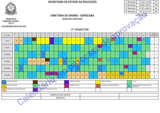 SECRETARIA DE ESTADO DA EDUCAÇÃO 1º Bimestre 01/02 a 16/04 51
2º Bimestre 26/04 a 05/07 49
3º Bimestre 21/07 a 08/10 56
4º Bimestre 18/10 a 21/12 44
DIRETORIA DE ENSINO - SOROCABA LETIVOS: 200
FRANCISCO
CAMARGO CESAR -
16172
MUNICÍPIO SOROCABA
CALENDÁRIO ESCOLAR 2021
2º SEMESTRE
DIA / MÊS 1 2 3 4 5 6 7 8 9 10 11 12 13 14 15 16 17 18 19 20 21 22 23 24 25 26 27 28 29 30 31
LETIVOS
1º 2º
JULHO SEI SEI S D
CCN
F F F FE S D F F F F F S D F F L L
RPR
S D L L L
RPM MMR
S 3 8
L L L L
AGOSTO D L L L L L S D L L L L L S D L L L L
RPM
S D L L L L
RCE
S D L L 0 22
L L
SETEMBRO L L L S D REP FN L L L S D L L L L L S D L L L L L S D L
RPM
L L 0 20
L
OUTUBRO L S D SEI SEI SEI SEI
CCN
S D RE FN REP REP RE S D L L
RPR
L
MMR
S D L L L L L S D 0 16
SEI L L
NOVEMBRO REP FN L L L S D L L L L L S D FN L L L L FN D L L L L
RPM
S D L L 0 19
L
DEZEMBRO L L L S D L L
RPM RCE RPM
S D SEI SEI SEI SEI SEI S D SEI SEI RE RE RE
FN
RE RE RE RE RE RE 0 15
L L L RE
FN
FERIADO NACIONAL
CCN
CONSELHO DE CLASSE/ANO/SÉRIE
FE
FERIADO ESTADUAL
F
FÉRIAS DOCENTES
L
LETIVO
RE
RECESSO ESCOLAR
REP
REPLANEJAMENTO
RPM
REUNIÃO DA APM
RPR
REUNIÃO DE PAIS/RESPONSÁVEIS
MMR
REUNIÃO MÉTODO DE MELHORIA DE
RESULTADOS
SEI
SEMANA DE ESTUDOS INTENSIVOS
RCE
REUNIÃO DO CONSELHO DE ESCOLA
ANDRE DA SILVA BARROS
33860726-2
Calendário em
processo de aprovação
 