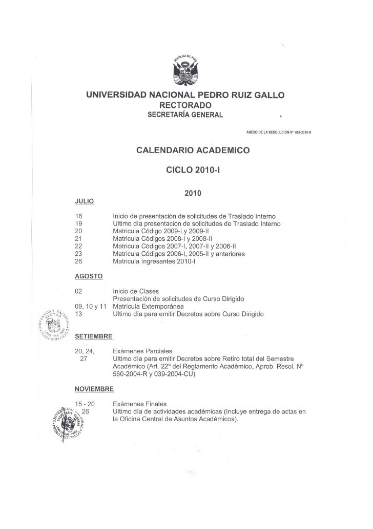 Calendario Academico 2010 I UNPRG
