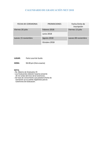 CALENDARIO DE GRADUACIÓN MET 2018
FECHA DE CEREMONIA PROMOCIONES Fecha límite de
Inscripción
Viernes 20 julio Febrero 2018 Viernes 13 julio
Junio 2018
Jueves 15 noviembre Agosto 2018 Jueves 08 noviembre
Octubre 2018
LUGAR: Patio Local de Guido
HORA: 06:00 pm (Hora exacta)
NOTA:
- No. Máximo de Graduados 45
- Los Graduandos deberán hacerse presente
30 min antes del inicio de la Ceremonia.
- Se hace de conocimiento que pasada la fecha de
inscripción ya no podrán registrarse para la
Ceremonia de Graduación.
 