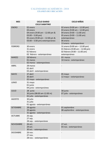 CALENDARIO ACADÉMICO – 2018
EXAMEN DE UBICACIÓN
MES CICLO DIARIO
CICLO SABATINO
CICLO NIÑOS
ENERO 02 enero
03 enero
04 enero (9:00 am – 12:00 pm &
03:00 – 5:00 pm)
05 enero (9:00 am – 12:00 pm &
03:00 – 5:00 pm) extemporáneo
02 enero (9:00 am – 12:00 pm)
03 enero (9:00 am – 12:00 pm)
04 enero (9:00 – 11:00 am)
05 enero (9:00 – 11:00 am)
extemporáneo
06 enero
13 enero - extemporáneo
FEBRERO 30 enero
31 enero
01 febrero
02 febrero - extemporáneo
31 enero (9:00 am – 12:00 pm)
01 febrero (9:00 am – 12:00 pm)
02 febrero (9:00 – 11:00 am)
extemporáneo
MARZO 28 febrero
01 marzo
02 marzo - extemporáneo
03 marzo
10 marzo - extemporáneo
ABRIL 28 marzo
02 abril
03 abril - extemporáneo
-
MAYO 27 abril
30 abril
02 mayo - extemporáneo
05 mayo
12 mayo – extemporáneo
JUNIO 31 mayo
01 junio
04 junio - extemporáneo
-
JULIO 28 junio
30 junio (08:00 am-12:00 m)
02 julio - extemporáneo
30 junio
07 julio - extemporáneo
AGOSTO 30 julio
31 julio
01 agosto - extemporáneo
-
SETIEMBRE 28 agosto
29 agosto
31 agosto - extemporáneo
01 septiembre
08 septiembre - extemporáneo
OCTUBRE 26 sep.
27 sep.
28 sep. - extemporáneo
-
NOVIEMBRE 26 oct.
29 oct.
30 oct. - extemporáneo
27 oct.
03 nov. -extemporáneo
DICIEMBRE 26 nov.
27 nov.
28 nov. - extemporáneo
-
 