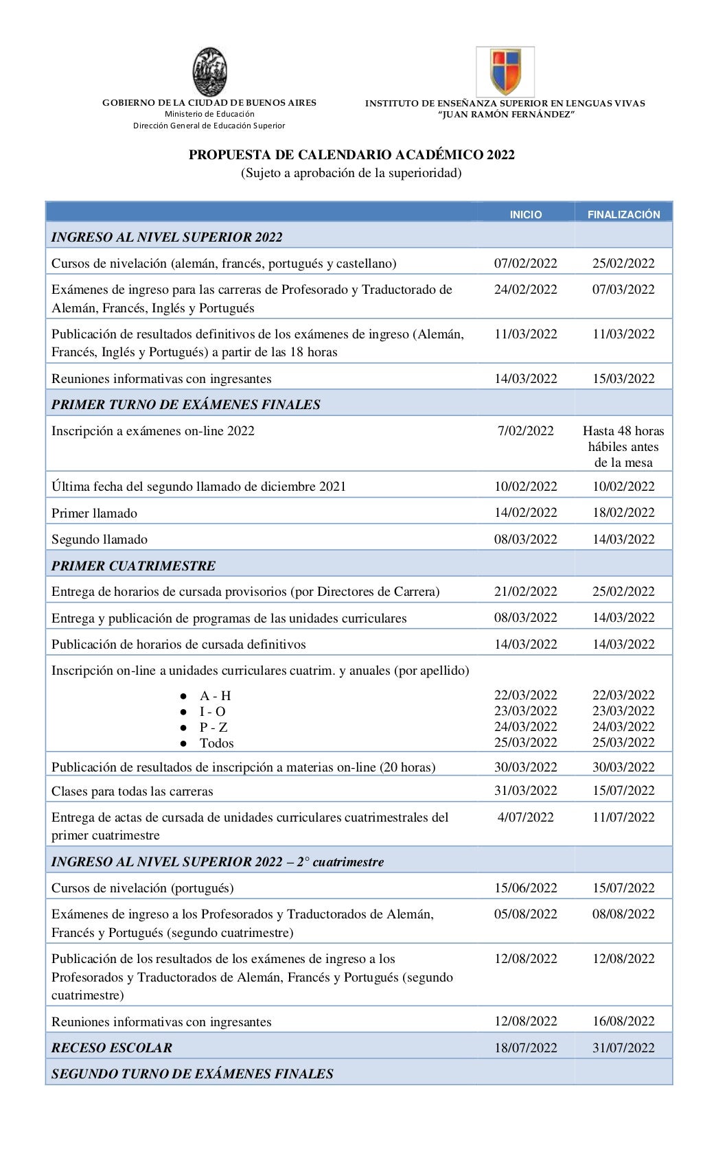 Calendario Acad mico 2022