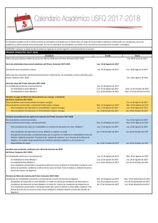 Calendario Academico Ano Academico 2017 2018 calendario academico usfq 2021