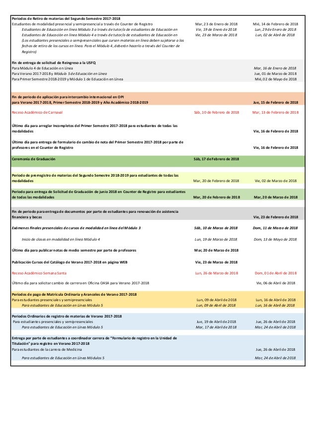 Calendario Academico Ano Academico 2017 2018 calendario academico usfq 2021