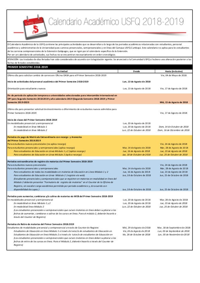 Calendario Academico Ano Academico 2017 2018 calendario academico usfq 2021