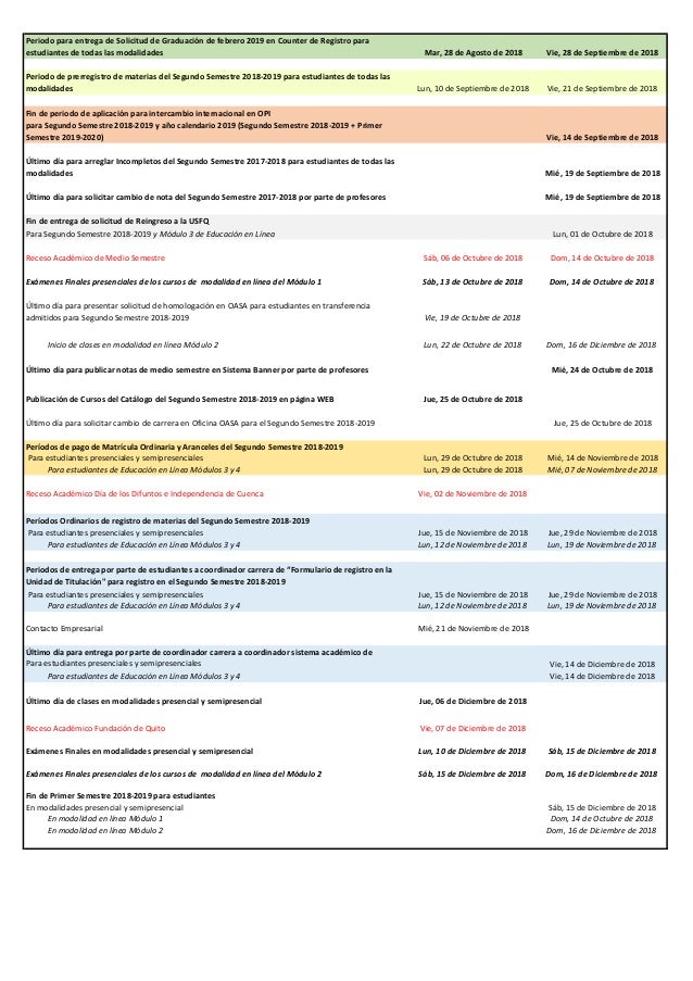 Calendario Academico Ano Academico 2017 2018 calendario academico usfq 2021