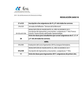 RESOLUCIÓN 2609/10


   21 al 25       Inscripción a las asignaturas de 4º y 5º año todas las carreras
   24 al 28       Jornadas de Reflexión: "Semana de la Memoria"
                  REINSCRIPCIÓN DE INGRESANTES AL AÑO ACADEMICO 2011.
                  Inscripción de ingresantes y recursantes a asignaturas 1° Año Tronco
29 /03 al 01/04   Común: Teoría Social y del Estado- Epistemología
                  Inicio de clases para estudiantes que cursan asignaturas de 2°, 3°, 4°
      28          y 5° año de todas las carreras.
                                        ABRIL
   04 al 08       Evaluación del curso ingresantes 2010 y Lenguas Extranjeras.
                  REINSCRIPCIÓN DE INGRESANTES AL AÑO ACADEMICO 2011
   04 al 08       Inscripción de ingresantes y recursantes a asignaturas 1° Año
      11          Inicio de clases para ingresantes 2011: asignaturas de primer año.
 
