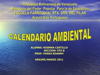 Republica Bolivariana de Venezuela Ministerio del Poder  Popular  Para la de Educación ESCUELA PARROQUIAL NTA. SRA. DEL PILAR Araure Edo Portuguesa CALENDARIO AMBIENTAL ALUMNA: ROSMAR CASTILLO SECCION: 5TO B PROF: PARRA ROANNY ARAURE/MARZO 2011 
