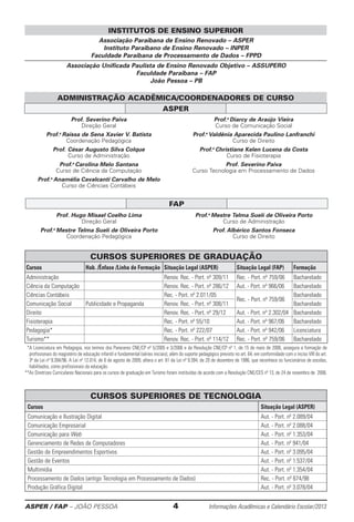 ASPER / FAP – JOÃO PESSOA	 4	 Informações Acadêmicas e Calendário Escolar/2013
*A Licenciatura em Pedagogia, nos termos dos Pareceres CNE/CP nº 5/2005 e 3/2006 e da Resolução CNE/CP nº 1, de 15 de maio de 2006, assegura a formação de
profissionais do magistério de educação infantil e fundamental (séries iniciais), além do suporte pedagógico previsto no art. 64, em conformidade com o inciso VIII do art.
3º da Lei nº 9.394/96. A Lei nº 12.014, de 6 de agosto de 2009, altera o art. 61 da Lei nº 9.394, de 20 de dezembro de 1996, que reconhece os funcionários de escolas,
habilitados, como profissionais da educação.
**As Diretrizes Curriculares Nacionais para os cursos de graduação em Turismo foram instituídas de acordo com a Resolução CNE/CES nº 13, de 24 de novembro de 2006.
CURSOS SUPERIORES DE GRADUAÇÃO
Cursos Hab. /Ênfase /Linha de Formação Situação Legal (ASPER) Situação Legal (FAP) Formação
Administração Renov. Rec. - Port. nº 309/11 Rec. - Port. nº 759/06 Bacharelado
Ciência da Computação Renov. Rec. - Port. nº 286/12 Aut. - Port. nº 966/06 Bacharelado
Ciências Contábeis Rec. - Port. nº 2.011/05
Rec. - Port. nº 759/06
Bacharelado
Comunicação Social Publicidade e Propaganda Renov. Rec. - Port. nº 308/11 Bacharelado
Direito Renov. Rec. - Port. nº 29/12 Aut. - Port. nº 2.302/04 Bacharelado
Fisioterapia Rec. - Port. nº 55/10 Aut. - Port. nº 967/06 Bacharelado
Pedagogia* Rec. - Port. nº 222/07 Aut. - Port. nº 942/06 Licenciatura
Turismo** Renov. Rec. - Port. nº 114/12 Rec. - Port. nº 759/06 Bacharelado
CURSOS SUPERIORES DE TECNOLOGIA
Cursos Situação Legal (ASPER)
Comunicação e Ilustração Digital Aut. - Port. nº 2.089/04
Comunicação Empresarial Aut. - Port. nº 2.088/04
Comunicação para Web Aut. - Port. nº 1.353/04
Gerenciamento de Redes de Computadores Aut. - Port. nº 941/04
Gestão de Empreendimentos Esportivos Aut. - Port. nº 3.095/04
Gestão de Eventos Aut. - Port. nº 1.537/04
Multimídia Aut. - Port. nº 1.354/04
Processamento de Dados (antigo Tecnologia em Processamento de Dados) Rec. - Port. nº 674/98
Produção Gráfica Digital Aut. - Port. nº 3.078/04
Associação Paraibana de Ensino Renovado – ASPER
Instituto Paraibano de Ensino Renovado – INPER
Faculdade Paraibana de Processamento de Dados – FPPD
Associação Unificada Paulista de Ensino Renovado Objetivo – ASSUPERO
Faculdade Paraibana – FAP
João Pessoa – PB
INSTITUTOS DE ENSINO SUPERIOR
Prof. Hugo Misael Coelho Lima
Direção Geral
Prof.a
Mestre Telma Suelí de Oliveira Porto
Coordenação Pedagógica
Prof.a
Mestre Telma Suelí de Oliveira Porto
Curso de Administração
Prof. Albérico Santos Fonseca
Curso de Direito
ADMINISTRAÇÃO ACADÊMICA/COORDENADORES DE CURSO
ASPER
FAP
Prof. Severino Paiva
Direção Geral
Prof.a
Raissa de Sena Xavier V. Batista
Coordenação Pedagógica
Prof. César Augusto Silva Colque
Curso de Administração
Prof.a
Carolina Melo Santana
Curso de Ciência da Computação
Prof.a
Anamélia Cavalcanti Carvalho de Melo
Curso de Ciências Contábeis
Prof.a
Diarcy de Araújo Vieira
Curso de Comunicação Social
Prof.a
Valdênia Aparecida Paulino Lanfranchi
Curso de Direito
Prof.a
Christiane Kelen Lucena da Costa
Curso de Fisioterapia
Prof. Severino Paiva
Curso Tecnologia em Processamento de Dados
 