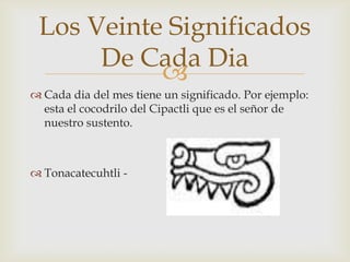 Los Veinte Significados
      De Cada Dia
           
 Cada dia del mes tiene un significado. Por ejemplo:
  esta el cocodrilo del Cipactli que es el señor de
  nuestro sustento.



 Tonacatecuhtli -
 