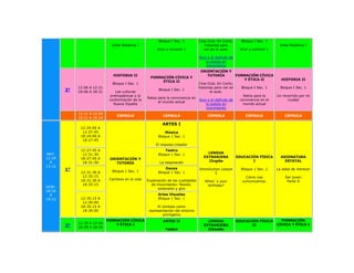 Bloque I Sec. 1           Cine Club. En Corto:      Bloque I Sec. 1
                               Edad Moderna I                                          historias para                               Edad Moderna I
                                                          Vivir y convivir 1           ver en el aula:        Vivir y convivir 1

                                                                                    Azul o el disfrute de
                                                                                        la poesía en
                                                                                        movimiento
                                                                                     ORIENTACIÓN Y
                                HISTORIA II                                             TUTORÍA             FORMACIÓN CÍVICA
                                                      FORMACIÓN CÍVICA Y
                                                                                                               Y ÉTICA II            HISTORIA II
                                                           ÉTICA II
                               Bloque I Sec. 1                                      Cine Club. En Corto:
             12:06 A 12:21                                                          historias para ver en     Bloque I Sec. 1        Bloque I Sec. 1
        3°   18:06 A 18:21        Las culturas
                                                          Bloque I Sec. 1
                                                                                           el aula:
                               prehispánicas y la                                                              Retos para la       Un recorrido por mi
                                                    Retos para la convivencia en
                              conformación de la                                    Azul o el disfrute de    convivencia en el           ciudad
                                                          el mundo actual
                                 Nueva España                                           la poesía en           mundo actual
                                                                                        movimiento
             12:21 A 12:24
                                  CÁPSULA                    CÁPSULA                     CÁPSULA                 CÁPSULA               CÁPSULA
             18:21 A 18:24
                                                             ARTES I
              12:24:00 A
               12:27:45                                       Música
              18:24:00 A                                  Bloque 1 Sec. 1
               18:27:45
                                                         El impulso creador
              12:27:45 A                                      Teatro
MAT.           12:31:30                                   Bloque 1 Sec. 1                LENGUA
12:24         18:27:45 A                                                               EXTRANJERA           EDUCACIÓN FÍSICA         ASIGNATURA
                              ORIENTACIÓN Y
  A            18:31:30                                    La respiración                IInglés                   I                   ESTATAL
                                 TUTORÍA
13:12
        1°                                                    Danza                 Introduction Lesson       Bloque 1 Sec. 1      La edad de merecer
              12:31:30 A       Bloque 1 Sec. 1            Bloque 1 Sec. 1                    5
               12:35:15                                                                                          Cómo nos              Ser joven
              18:31:30 A      Cambios en la vida    Exploración de las cualidades      When´s your             comunicamos.             Parte II
               18:35:15                               de movimiento: flexión,           birthday?
VESP.                                                     extensión y giro
18:24
  A                                                       Artes Visuales
19:12         12:35:15 A                                  Bloque 1 Sec. 1
               12:39:00
              18:35:15 A                                  El símbolo como
               18:39:00                              representación del entorno
                                                             primigenio
                             FORMACIÓN CÍVICA                ARTES II                    LENGUA             EDUCACIÓN FÍSICA         FORMACIÓN
             12:39 A 12:54       Y ÉTICA I                                                                                         CÍVICA Y ÉTICA I
        2°   18:39 A 18:54
                                                                                       EXTRANJERA                  II
                                                               Teatro                    IIInglés
 