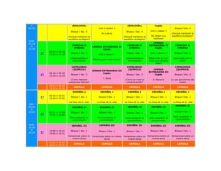 A                             (BIOLOGÍA)                                         (BIOLOGÍA)                Inglés
09:36                                                    Unit 1 Lesson 1                                                         Bloque I Sec. 4
                               Bloque I Sec. 3                                    Bloque I Sec. 4        Unit 1 Lesson 3
                                                            At a party                                                        ¿Porqué mantener el
                             ¿Porqué mantener el                                ¿Porqué mantener el       My father is a      equilibrio ecológico?
                             equilibrio ecológico?                              equilibrio ecológico?      mechanic
VESP.
14:48                                                                                                      LENGUA
  A                             CIENCIAS II                                        CIENCIAS II          EXTRANJERA II            CIENCIAS II
                                                     LENGUA EXTRANJERA II
15:36                            (FÍSICA)                                           (FÍSICA)                Inglés                (FÍSICA)
                                                            Inglés
             09:03 A 09:18
        2°   15:03 A 15:18
                               Bloque I Sec. 2
                                                         Unit 1 Lesson 1
                                                                                  Bloque I Sec. 2        Unit 1 Lesson 3         Bloque I Sec. 3

                               ¿Describiendo el                                   ¿Describiendo el      What time do you        ¿Qué onda con la
                                                     Meeting your new teacher
                                movimiento?                                        movimiento?          have your English            onda?
                                                                                                             class?
                                CIENCIASIII                                        CIENCIASIII                                   CIENCIASIII
                                 (QUÍMICA)                                          (QUÍMICA)              LENGUA                 (QUÍMICA)
                                                     LENGUA EXTRANJERA III
                                                                                                        EXTRANJERA III
             09:18 A 09:33                                   Inglés
        3°   15:18 A 15:33
                               Bloque I Sec. 3                                    Bloque I Sec. 3           Inglés               Bloque I Sec. 4
                                                             7. Birds
                               ¿Cómo detectar                                    ¿Cómo se mide la           9. Mariana        Lo que percibimos del
                             sustancias tóxicas?                                  contaminación?                                     medio
             09:33 A 09:36
                                  CÁPSULA                   CÁPSULA                  CÁPSULA                CÁPSULA                CÁPSULA
             15:33 A 15:36
                                 ESPAÑOL I                 ESPAÑOL I                ESPAÑOL I              ESPAÑOL I              ESPAÑOL I
             09:36 A 09:51
        1°   15:36 A 15:51
                               Bloque I Sec. 1           Bloque I Sec. 1          Bloque I Sec. 1        Bloque I Sec. 1         Bloque I Sec. 1

                              La línea de tu vida       La línea de tu vida      La línea de tu vida    La línea de tu vida    La línea de tu vida
MAT.
                                                                                                                                  ESPAÑOL II
09:36                           ESPAÑOL II                ESPAÑOL II               ESPAÑOL II             ESPAÑOL II
  A
10:24        09:51 A 10:06     Bloque I Sec. 1           Bloque I Sec. 1                                                         Bloque I Sec. 1
                                                                                  Bloque I Sec. 1        Bloque I Sec. 1
        2°   15:51 A 16:06
                              Para compartir el          Para compartir el                                                      Para compartir el
                                                                                 Para compartir el      Para compartir el
                                conocimiento               conocimiento                                                           conocimiento
                                                                                   conocimiento           conocimiento

VESP.                           ESPAÑOL III               ESPAÑOL III              ESPAÑOL III            ESPAÑOL III            ESPAÑOL III
15:36
  A          10:06 A 10:21     Bloque I Sec. 1                                                           Bloque I Sec. 1         Bloque I Sec. 1
                                                         Bloque I Sec. 1          Bloque I Sec. 1
16:24   3°   16:06 A 16:21
                             Variaciones sobre un Variaciones sobre un mismo Variaciones sobre un Variaciones sobre un        Variaciones sobre un
                                 mismo tema                  tema                mismo tema           mismo tema                  mismo tema
             10:21 A 10:24
                                  CÁPSULA                   CÁPSULA                  CÁPSULA                CÁPSULA                CÁPSULA
             16:21 A 16:34
 