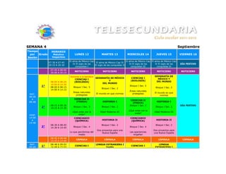 SEMANA 4                                                                                                                              Septiembre
Tiempo           HORARIO
  por  Grado      Matutino              LUNES 12                 MARTES 13             MIERCOLES 14              JUEVES 15            VIERNES 16
Sesión           Vespertino
                                    El alma de México Cap                               El alma de México Cap El alma de México Cap
               07:30 A 07:45                               El alma de México Cap IV
                                       IV El siglo de las                                  IV El siglo de las    IV El siglo de las    DÍA FESTIVO
               20:15 A 20:30                              El siglo de las conquistas II
                                         conquistas I                                        conquistas III        conquistas IV
                07:45 A 08:00
                                        NOTICIERO                 NOTICIERO               NOTICIERO              NOTICIERO             NOTICIERO
                20:00 A 20:15
                                    Honores a la bandera                                                        GEOGRAFÍA DE
                                                            GEOGRAFÍA DE MÉXICO           CIENCIAS I              MÉXICO Y
                                       CIENCIAS I
                                                                     Y                    (BIOLOGÍA)             DEL MUNDO
                08:00   A   08:20      (BIOLOGÍA)
                                                                DEL MUNDO
                14:00   A   14:20
         1°     08:00   A   08:15      Bloque I Sec. 5
                                                                                         Bloque I Sec. 5
                                                                Bloque I Sec. 2                                 Bloque I Sec. 2
                14:00   A   14:15
                                                                                         Áreas naturales
                                       Áreas naturales                                                          El mundo en que
 MAT.                                                       El mundo en que vivimos        protegidas
                                         protegidas                                                                 vivimos
 08:00
   A                                    CIENCIAS II
                                                                                          CIENCIAS II
 08:48                                   (FÍSICA)                HISTORIA I                                      HISTORIA I
                                                                                            (FÍSICA)
                08:15 A 08:30                                                            Bloque I Sec. 3                               DÍA FESTIVO
         2°     14:15 A 14:30
                                       Bloque I Sec. 3          Bloque I Sec. 2                                 Bloque I Sec. 2
                                                                                        ¿Qué onda con la
                                      ¿Qué onda con la         Edad Moderna III                                Edad Moderna III
                                                                                             onda?
 VESP.                                     onda?
 14:00                                 CIENCIASIII                                        CIENCIASIII
   A                                    (QUÍMICA)                HISTORIA II               (QUÍMICA)             HISTORIA II
 14:48
                08:30 A 08:45                                   Bloque I Sec. 2                                 Bloque I Sec. 2
         3°     14:30 A 14:45          Bloque I Sec. 4                                   Bloque I Sec. 4
                                                             Dos proyectos para una                           Dos proyectos para
                                    Lo que percibimos del        Nueva España            Las apariencias      una Nueva España
                                           medio                                            engañan
                08:45 A 08:48
                                         CÁPSULA                   CÁPSULA                  CÁPSULA                CÁPSULA              CÁPSULA
                14:45 A 14:48
 MAT.           08:48 A 09:03                               LENGUA EXTRANJERA I                                    LENGUA
 08:48
         1°     14:48 A 15:03
                                        CIENCIAS I
                                                                   Inglés
                                                                                          CIENCIAS I
                                                                                                                EXTRANJERA I
 