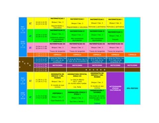 MATEMÁTICAS I            MATEMÁTICAS I              MATEMÁTICAS I                MATEMÁTICAS I
                      10:24 A 10:39      Bloque I Sec. 3
                 1°   16:24 A 16:39                               Bloque I Sec. 3              Bloque I Sec. 4            Bloque I Sec. 4
                                         Regularidades y
    MAT.
                                           naturaleza        Regularidades y naturaleza Fórmulas y perímetros Fórmulas y perímetros
    10:24
      A                                MATEMÁTICAS II
                                                                MATEMÁTICAS II             MATEMÁTICAS II
    11:12                                                                                                               MATEMÁTICAS II
                                         Bloque I Sec. 2
                      10:39 A 10:54                               Bloque I Sec. 3              Bloque I Sec. 3
                 2°   16:39 A 16:54
                                                                                                                          Bloque I Sec. 4
                                       Problemas aditivos
                                                                 Más expresiones               Más expresiones
                                        con expresiones                                                                      Ángulos
                                                                  equivalentes                  equivalentes
    VESP.                                 algebraicas
    16:24                              MATEMÁTICAS III          MATEMÁTICAS III            MATEMÁTICAS III              MATEMÁTICAS III
      A
    17:12             10:54 A 11:09
                 3°   16:54 A 17:09
                                         Bloque I Sec. 3          Bloque I Sec. 3              Bloque I Sec. 3            Bloque I Sec. 3

                                       Trazos de tangentes      Trazos de tangentes        Trazos de tangentes          Trazos de tangentes
                      11:09 A 11:12
                                           CÁPSULA                  CÁPSULA                      CÁPSULA                    CÁPSULA            CÁPSULA
                      17:09 A 17:12
                                      El alma de México Cap                               El alma de México Cap El alma de México Cap
                      11:12 A 11:27                          El alma de México Cap IV
                                         IV El siglo de las                                  IV El siglo de las    IV El siglo de las
R    E                17:12 A 17:27                         El siglo de las conquistas II
                                           conquistas I                                        conquistas III        conquistas IV
         C   E
                      11:12 A 11:36
                 S                        NOTICIERO                NOTICIERO                    NOTICIERO                  NOTICIERO          NOTICIERO
                      17:12 A 17:36
O
                      11:12 A 11:36
                                                                                       R   E     C      E       S   O
                      17:12 A 17:36
                                                                                               GEOGRAFÍA DE
                                        GEOGRAFÍA DE         ASIGNATURA ESTATAL
                                                                                               MÉXICO Y DEL
                                        MÉXICO Y DEL              SIGLO XX
                                                                                                  MUNDO
    MAT.                                   MUNDO
    11:36             11:36 A 11:51                              La vida en México
                 1°   17:36 A 17:51      Bloque I Sec. 2            1917- 1920
      A                                                                                        Bloque I Sec. 2
    12:24                                                     Un mundo sobre ruedas
                                        El mundo en que
                                                                                               El mundo en que            ACTIVIDADES
                                            vivimos                  1ra. Parte
                                                                                                   vivimos                   CÍVICO           DÍA FESTIVO
                                                                                            ORIENTACIÓN Y                 CULTURALES
    VESP.                                                     FORMACIÓN CÍVICA Y               TUTORÍA
                                          HISTORIA I
    17:36                                                          ÉTICA I
      A               11:51 A 12:06                                                        Cine Club. En Corto:
                 2°   17:51 A 18:06
                                         Bloque I Sec. 2
                                                                  Bloque I Sec. 2          historias para ver en
    18:24
                                                                                                  el aula:
                                        Edad Moderna III
                                                                Soy libre y decido 1
                                                                                                     Flatland
 