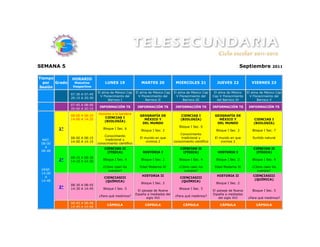 SEMANA 5                                                                                                                   Septiembre           2011


Tiempo         HORARIO
  por  Grado     Matutino          LUNES 19                 MARTES 20             MIERCOLES 21               JUEVES 22             VIERNES 23
Sesión          Vespertino
                               El alma de México Cap     El alma de México Cap   El alma de México Cap      El alma de México    El alma de México Cap
               07:30 A 07:45
                                 V Florecimiento del       V Florecimiento del     V Florecimiento del     Cap V Florecimiento     V Florecimiento del
               20:15 A 20:30
                                      Barroco I                 Barroco II             Barroco III            del Barroco IV            Barroco V
               07:45 A 08:00
                                INFORMACIÓN TS            INFORMACIÓN TS          INFORMACIÓN TS           INFORMACIÓN TS         INFORMACIÓN TS
               20:00 A 20:15
                               Honores a la bandera
               08:00 A 08:20                               GEOGRAFÍA DE              CIENCIAS I             GEOGRAFÍA DE
                                  CIENCIAS I
               14:00 A 14:20                                 MÉXICO Y                (BIOLOGÍA)               MÉXICO Y               CIENCIAS I
                                  (BIOLOGÍA)
                                                            DEL MUNDO                                        DEL MUNDO               (BIOLOGÍA)
                                                                                    Bloque I Sec. 6
         1°                       Bloque I Sec. 6
                                                            Bloque I Sec. 2                                  Bloque I Sec. 2        Bloque I Sec. 7
                                                                                     Conocimiento
                                   Conocimiento
               08:00 A 08:15                               El mundo en que           tradicional y          El mundo en que         Surtido natural
 MAT.                              tradicional y
               14:00 A 14:15                                   vivimos 2         conocimiento científico        vivimos 2
 08:00                         conocimiento científico
   A                               CIENCIAS II                                       CIENCIAS II                                     CIENCIAS II
 08:48                              (FÍSICA)                 HISTORIA I               (FÍSICA)                HISTORIA I              (FÍSICA)
               08:15 A 08:30
         2°    14:15 A 14:30
                                  Bloque I Sec. 4           Bloque I Sec. 2         Bloque I Sec. 4          Bloque I Sec. 2        Bloque I Sec. 4

                                  ¿Cómo caen los           Edad Moderna IV          ¿Cómo caen los          Edad Moderna IV         ¿Cómo caen los
 VESP.                               cuerpos?                                          cuerpos?                                        cuerpos?
 14:00
   A                                                         HISTORIA II                                     HISTORIA II            CIENCIASIII
                                   CIENCIASIII                                       CIENCIASIII
 14:48                                                                                                                               (QUÍMICA)
                                    (QUÍMICA)                                         (QUÍMICA)
                                                            Bloque I Sec. 2                                  Bloque I Sec. 2
               08:30 A 08:45
         3°    14:30 A 14:45      Bloque I Sec. 5                                   Bloque I Sec. 5
                                                          El paisaje de Nueva                              El paisaje de Nueva      Bloque I Sec. 5
                                                         España a mediados del                             España a mediados
                               ¿Para qué medimos?                                ¿Para qué medimos?
                                                                siglo XVI                                      del siglo XVI     ¿Para qué medimos?
               08:45 A 08:48
                                     CÁPSULA                  CÁPSULA                  CÁPSULA                 CÁPSULA                CÁPSULA
               14:45 A 14:48
 