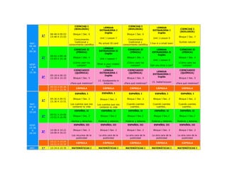 CIENCIAS I                                      CIENCIAS I
                                                           LENGUA                                           LENGUA
                                 (BIOLOGÍA)                                      (BIOLOGÍA)                                        CIENCIAS I
                                                        EXTRANJERA I                                     EXTRANJERA I
                                                                                                                                   (BIOLOGÍA)
                                                            Inglés                                           Inglés
             08:48 A 09:03      Bloque I Sec. 6                                 Bloque I Sec. 6
        1°   14:48 A 15:03                                                                                                        Bloque I Sec. 7
                                                         Unit 1 Lesson 7                                 Unit 1 Lesson 9
                                 Conocimiento                                    Conocimiento
                                 tradicional y                                   tradicional y                                    Surtido natural
MAT.                                                    My school ID card                              I live in a small town
                             conocimiento científico                         conocimiento científico
08:48
  A                                                        LENGUA
                                 CIENCIAS II                                     CIENCIAS II               LENGUA                  CIENCIAS II
09:36                                                   EXTRANJERA II
                                  (FÍSICA)                                        (FÍSICA)              EXTRANJERA II               (FÍSICA)
                                                            Inglés
                                                                                                            Inglés
             09:03 A 09:18
        2°   15:03 A 15:18
                                Bloque I Sec. 4
                                                         Unit 1 Lesson 7
                                                                                Bloque I Sec. 4                                   Bloque I Sec. 4
                                                                                                         Unit 1 Lesson 9
                                ¿Cómo caen los                                  ¿Cómo caen los                                    ¿Cómo caen los
VESP.                                                  What is your mother
                                   cuerpos?                                        cuerpos?            Can you drive a car?          cuerpos?
14:48                                                          like?
  A                              CIENCIASIII               LENGUA                CIENCIASIII                                      CIENCIASIII
15:36                                                                                                       LENGUA
                                  (QUÍMICA)             EXTRANJERA I              (QUÍMICA)                                        (QUÍMICA)
                                                                                                         EXTRANJERA I
             09:18 A 09:33                                  Inglés
        3°   15:18 A 15:33      Bloque I Sec. 5                                 Bloque I Sec. 5
                                                                                                             Inglés
                                                                                                                                  Bloque I Sec. 5
                                                       13. Goodparents in
                                                                                                        15. Isabel'scousin
                             ¿Para qué medimos?             Antarctic        ¿Para qué medimos?                                 ¿Para qué medimos?
             09:33 A 09:36
                                   CÁPSULA                 CÁPSULA                 CÁPSULA                  CÁPSULA                 CÁPSULA
             15:33 A 15:36
                                  ESPAÑOL I               ESPAÑOL I               ESPAÑOL I                ESPAÑOL I               ESPAÑOL I

             09:36 A 09:51      Bloque I Sec. 2          Bloque I Sec. 2        Bloque I Sec. 2          Bloque I Sec. 2          Bloque I Sec. 2
        1°   15:36 A 15:51
MAT.                          Los cuentos que nos      Los cuentos que nos      Cuando cuentes           Cuando cuentes           Cuando cuentes
09:36                           contaron tu vida         contaron tu vida          cuentos…                 cuentos…                 cuentos…
  A
                                 ESPAÑOL II               ESPAÑOL II             ESPAÑOL II                ESPAÑOL II              ESPAÑOL II
10:24
             09:51 A 10:06
        2°   15:51 A 16:06
                                Bloque I Sec. 2          Bloque I Sec.2          Bloque I Sec.2           Bloque I Sec.2          Bloque I Sec.2

                               Hechos y derechos        Poderes y deberes      Poderes y deberes        Poderes y deberes        Poderes y deberes
VESP.                            ESPAÑOL III             ESPAÑOL III             ESPAÑOL III              ESPAÑOL III             ESPAÑOL III
15:36
  A          10:06 A 10:21      Bloque I Sec. 2          Bloque I Sec. 2        Bloque I Sec. 2          Bloque I Sec. 2          Bloque I Sec. 2
        3°   16:06 A 16:21
16:24
                               Los recursos de la       La otra cara de la     La otra cara de la       La otra cara de la       La otra cara de la
                                   publicidad               publicidad             publicidad               publicidad               publicidad
             10:21 A 10:24
                                   CÁPSULA                 CÁPSULA                 CÁPSULA                  CÁPSULA                 CÁPSULA
             16:21 A 16:34
MAT.    1°   10:24 A 10:39     MATEMÁTICAS I            MATEMÁTICAS I          MATEMÁTICAS I            MATEMÁTICAS I            MATEMÁTICAS I
 
